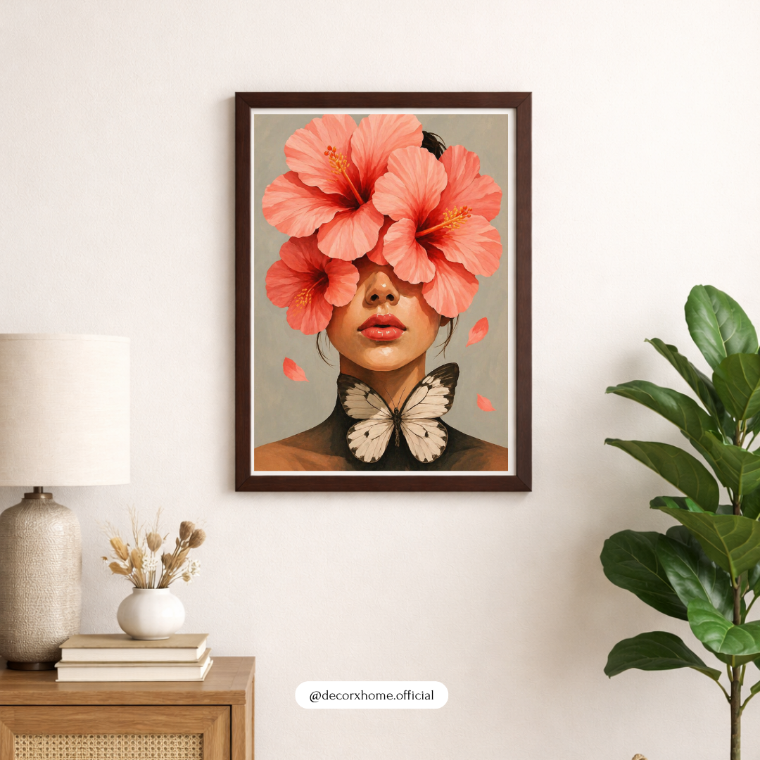 Floral Face Abstract Wall Art Poster – Modern Woman with Hibiscus Flowers & Butterfly | Aesthetic Minimal Art for Bedroom, Living Room & Studio Decor | Decorxhome