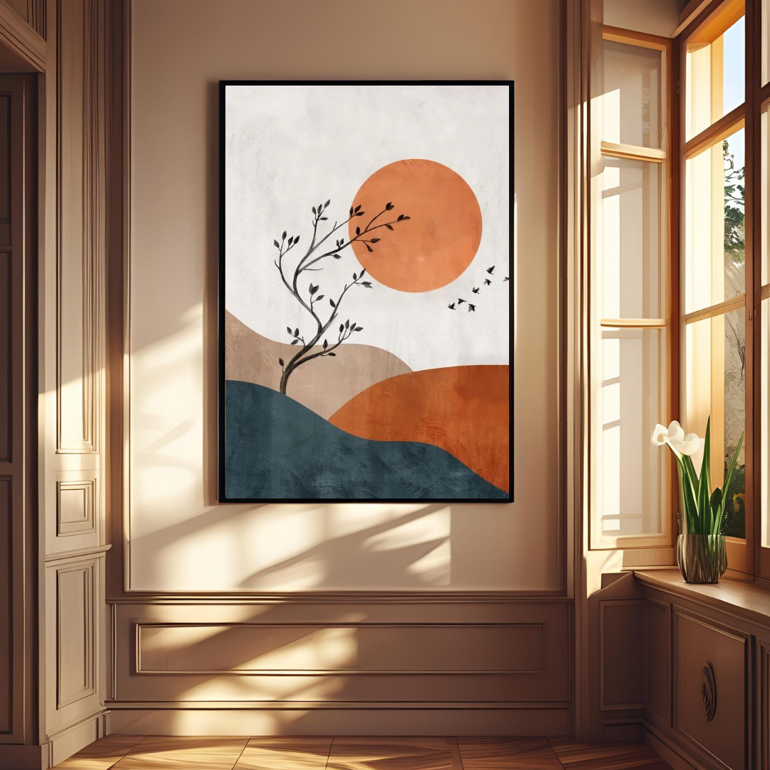 Boho Tree & Sunset Wall Art with Frame – Minimalist Nature-Inspired Decor for Living Room, Bedroom & Office