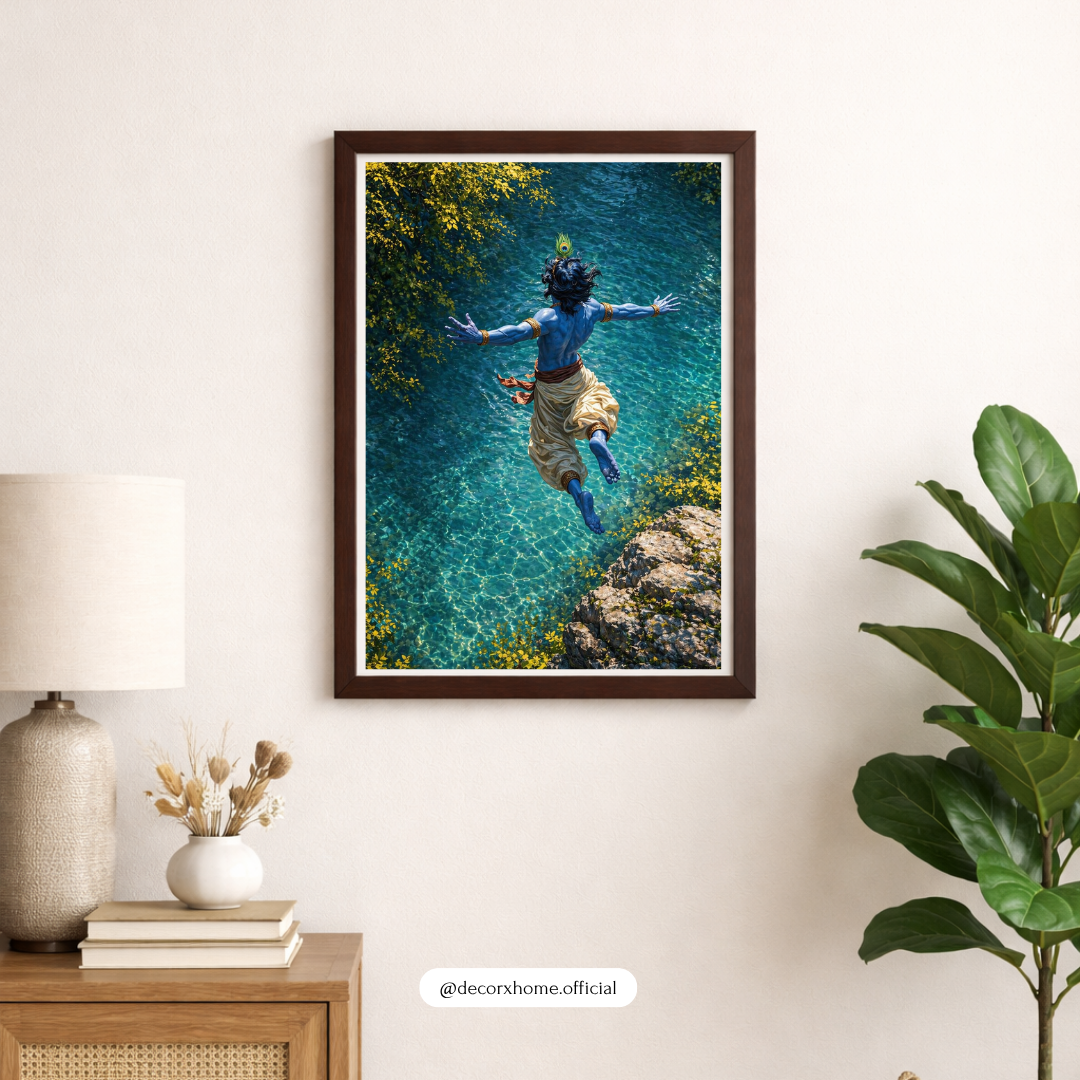 Krishna Divine Leap Wall Art Poster – Spiritual Nature Aesthetic Painting | Decorxhome