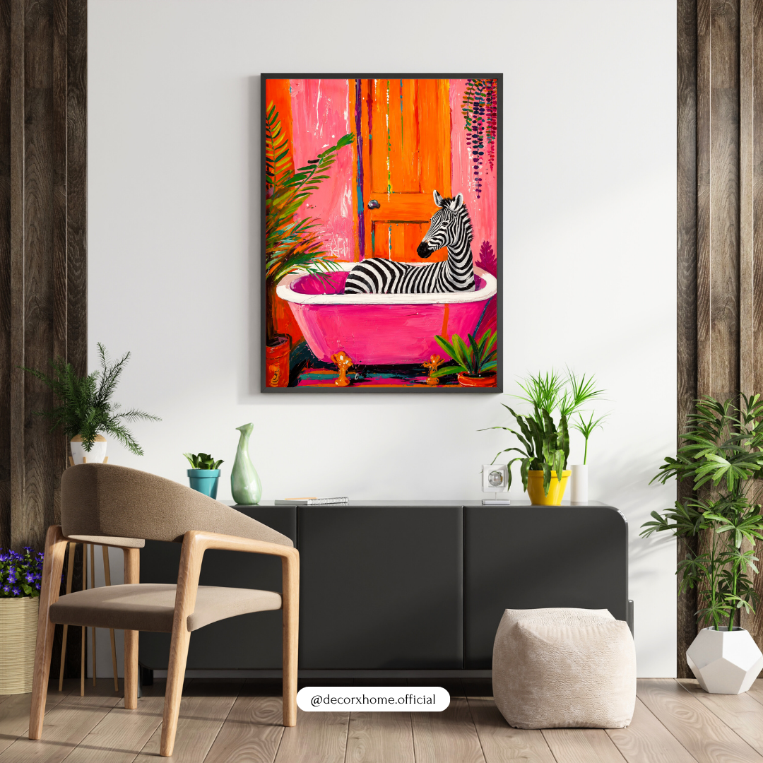 Colorful Zebra Bathtub Poster | Whimsical Animal Bathroom Wall Art | Modern Pop Art Print | Decorexhome