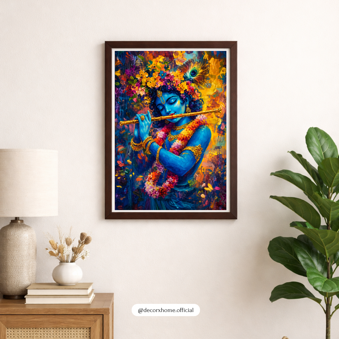 Krishna Wall Art Poster – Divine Flute Painting | Spiritual Canvas Print for Home Decor (Framed)