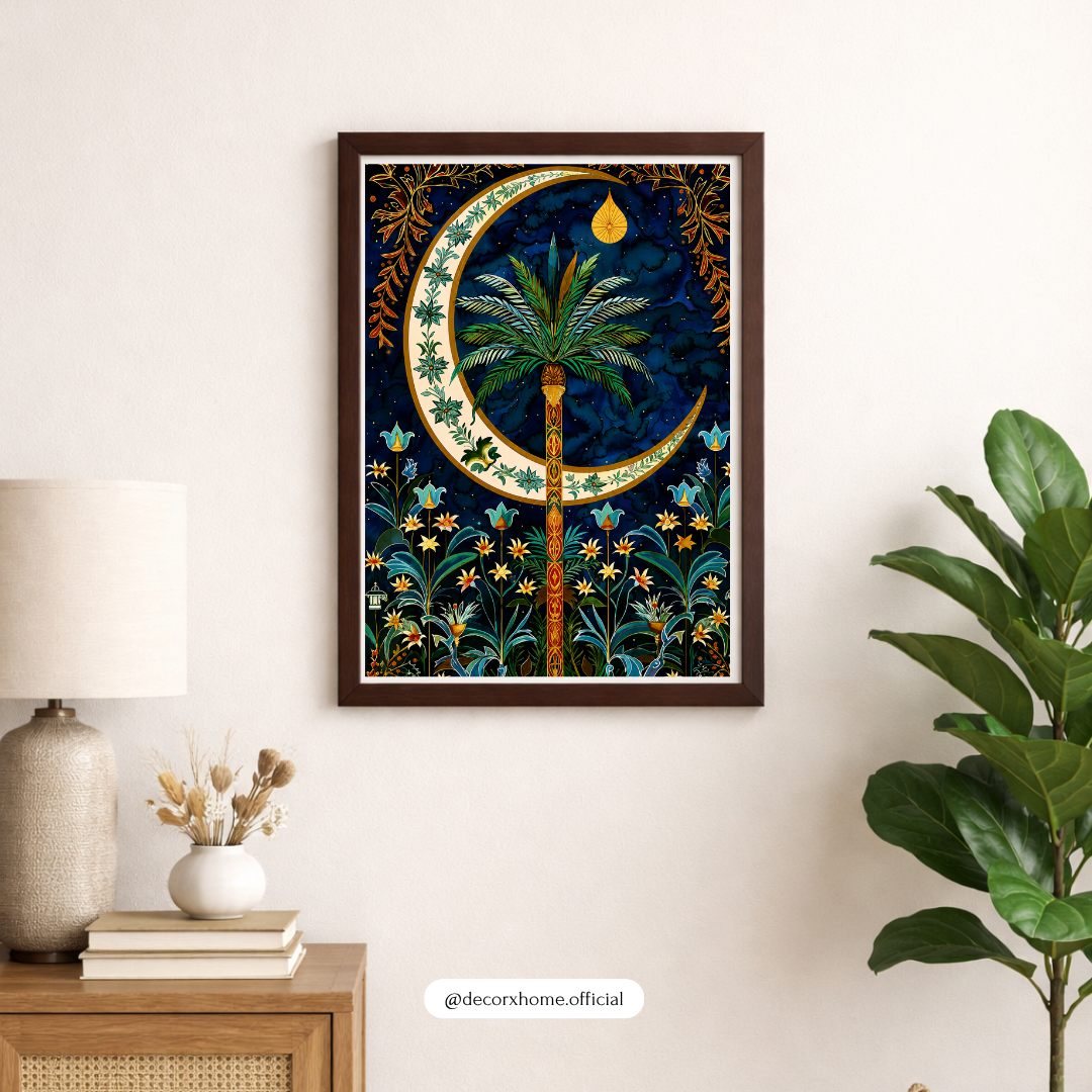 Decorexhome Moonlit Palm Oasis Wall Art Poster | Boho Tropical Crescent Moon Canvas Print | Celestial Botanical Home Decor