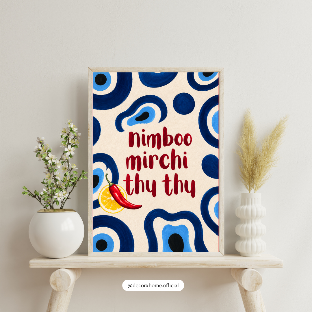 Nimboo Mirchi Thy Thy Wall Art | Indian Desi Quote Poster | Quirky Kitchen & Home Décor | Blue & Red Wall Art | Decorxhome