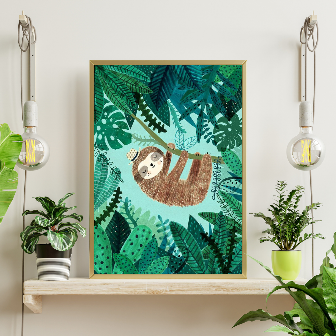 Sleepy Sloth in the Jungle Framed Poster | Whimsical Kids Wall Art by Decorxhome