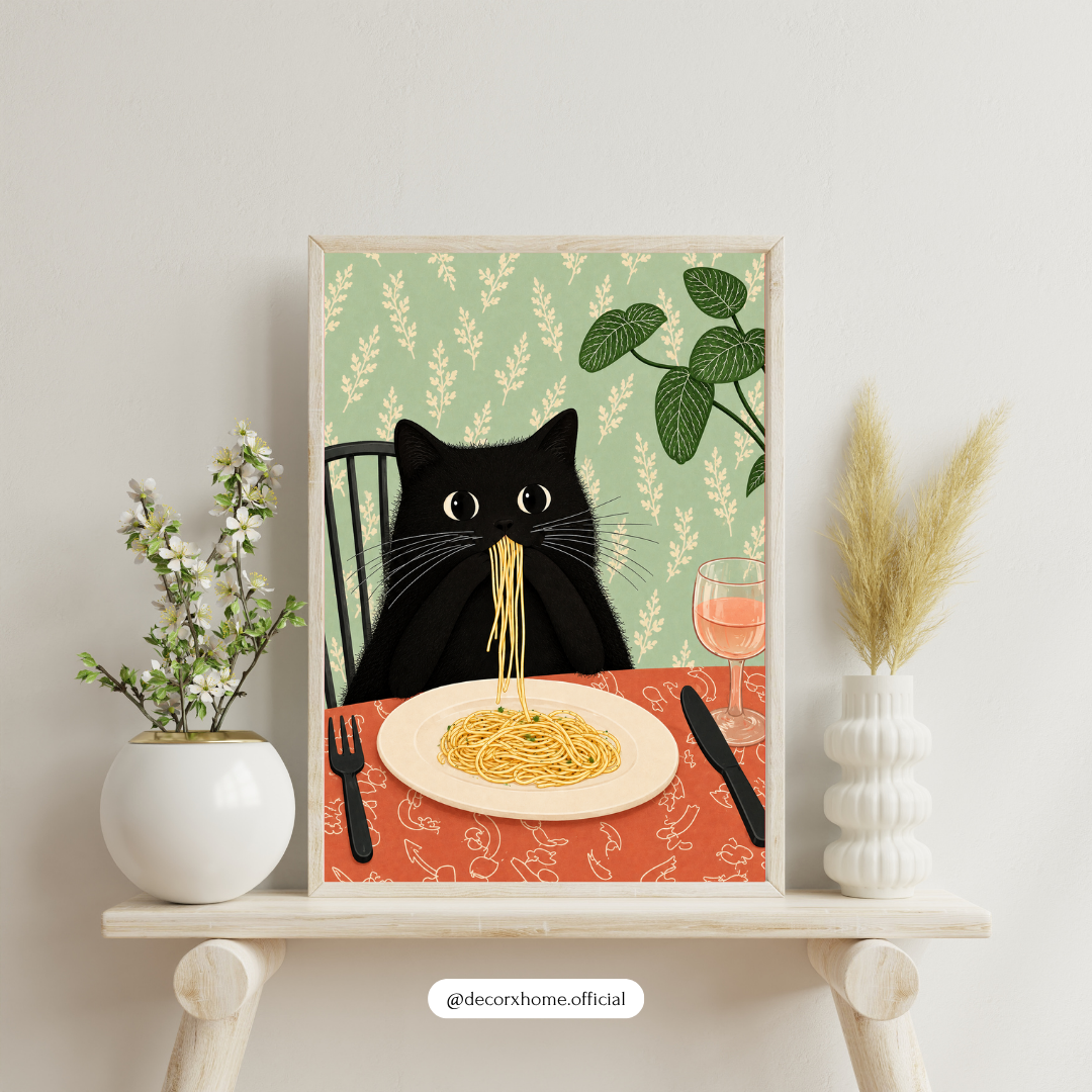 Decorexhome Funny Black Cat Eating Spaghetti Poster | Quirky Cat Wall Art