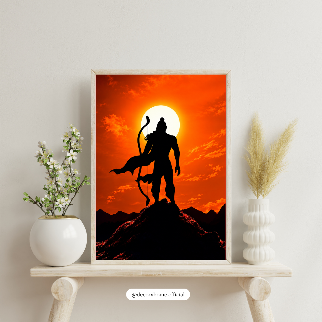Lord Hanuman Silhouette Wall Art | Divine Orange Sunset Hindu God Poster | Spiritual & Devotional Wall Decor | Decorexhome