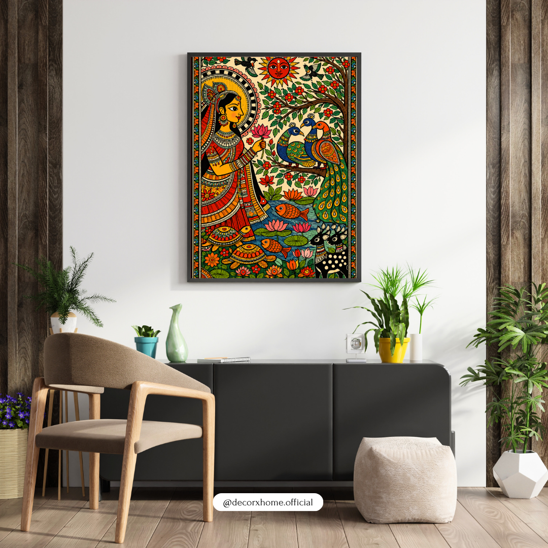 Decorxhome Traditional Madhubani Folk Art Poster | Indian Heritage Wall Art | Peacock & Lotus Artwork | Colorful Cultural Canvas Print
