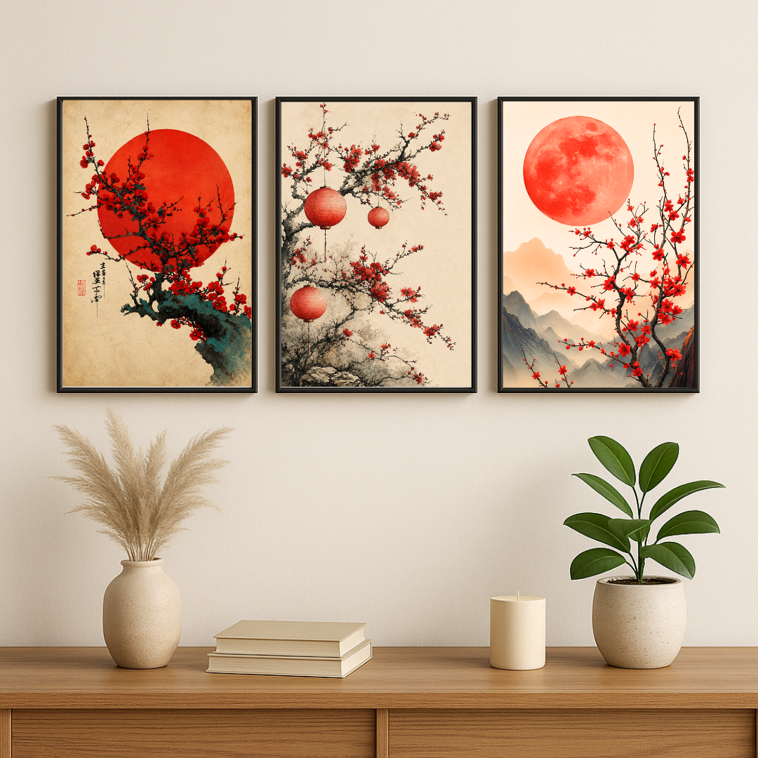 Japanese Sakura Moon Wall Art Set of 3 – Traditional Red Blossom Landscape Posters