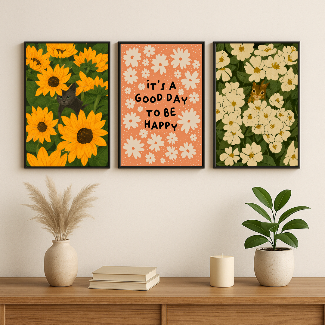 Bloom & Bliss Floral Wall Art Set of 3 – Sunflower, Daisy & Happy Quote Posters