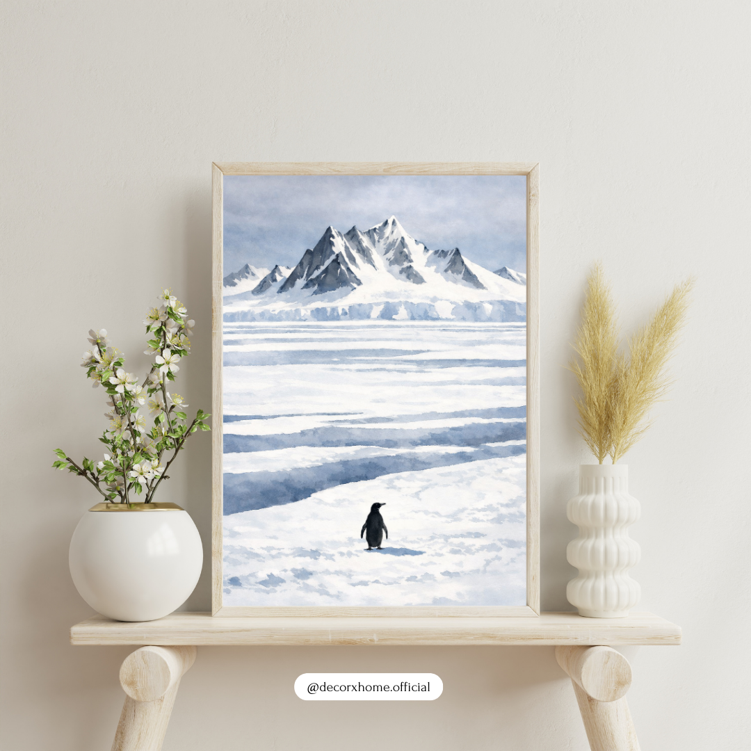 Arctic Penguin Landscape Poster – Minimal Snow Mountain Nature Wall Art | Decorxhome