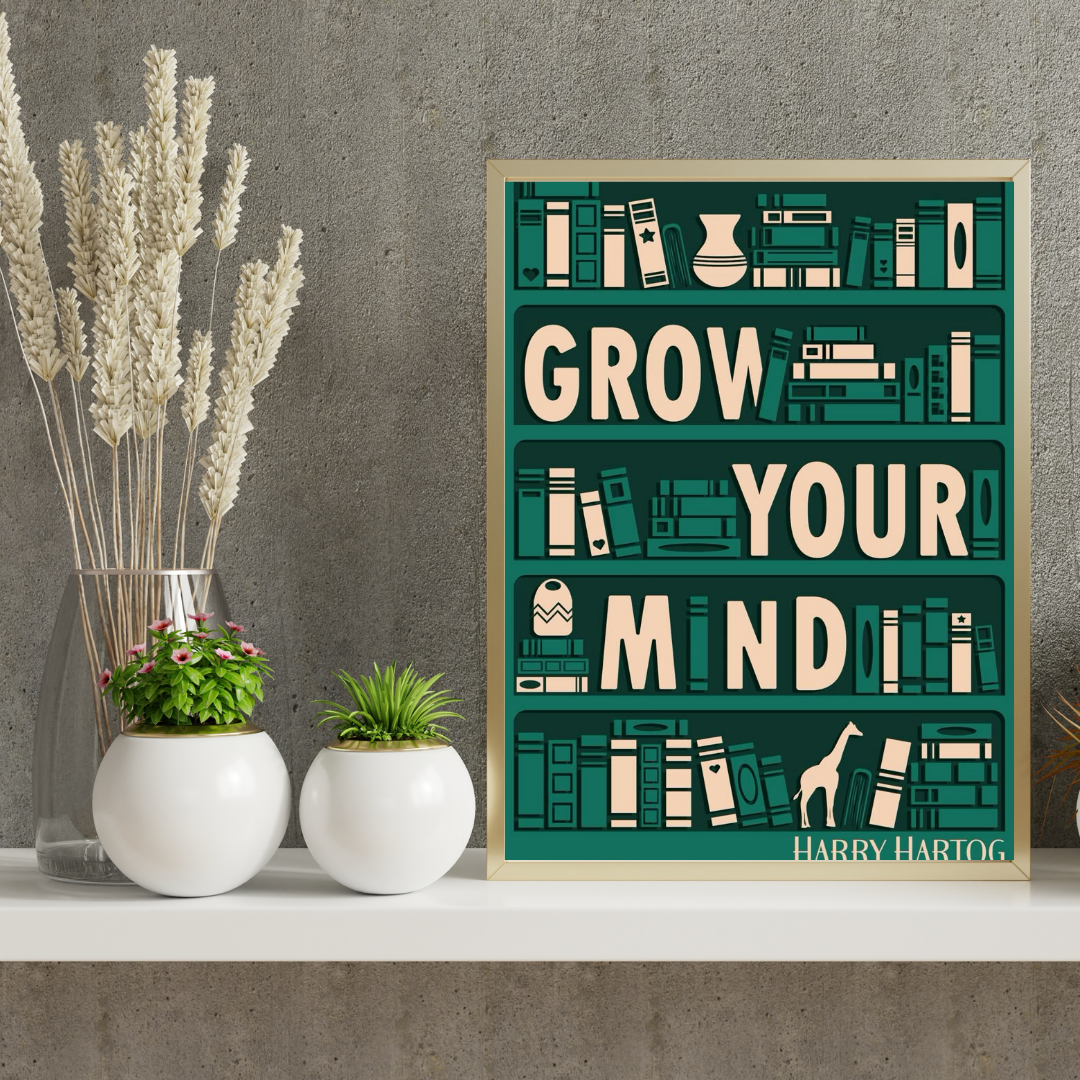 Grow Your Mind – Minimalist Bookshelf Inspirational Wall Poster