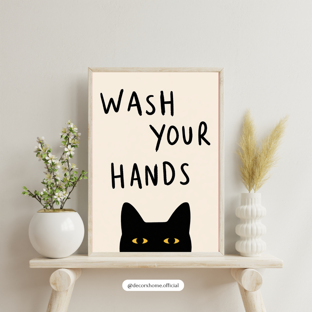“Wash Your Hands” Cat Wall Art Poster – Funny Minimal Bathroom Decor | Cute Black Cat Print (Framed)