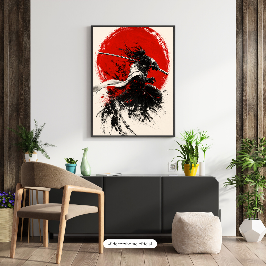 Crimson Eclipse Samurai Poster – Japanese Ink Art Wall Decor