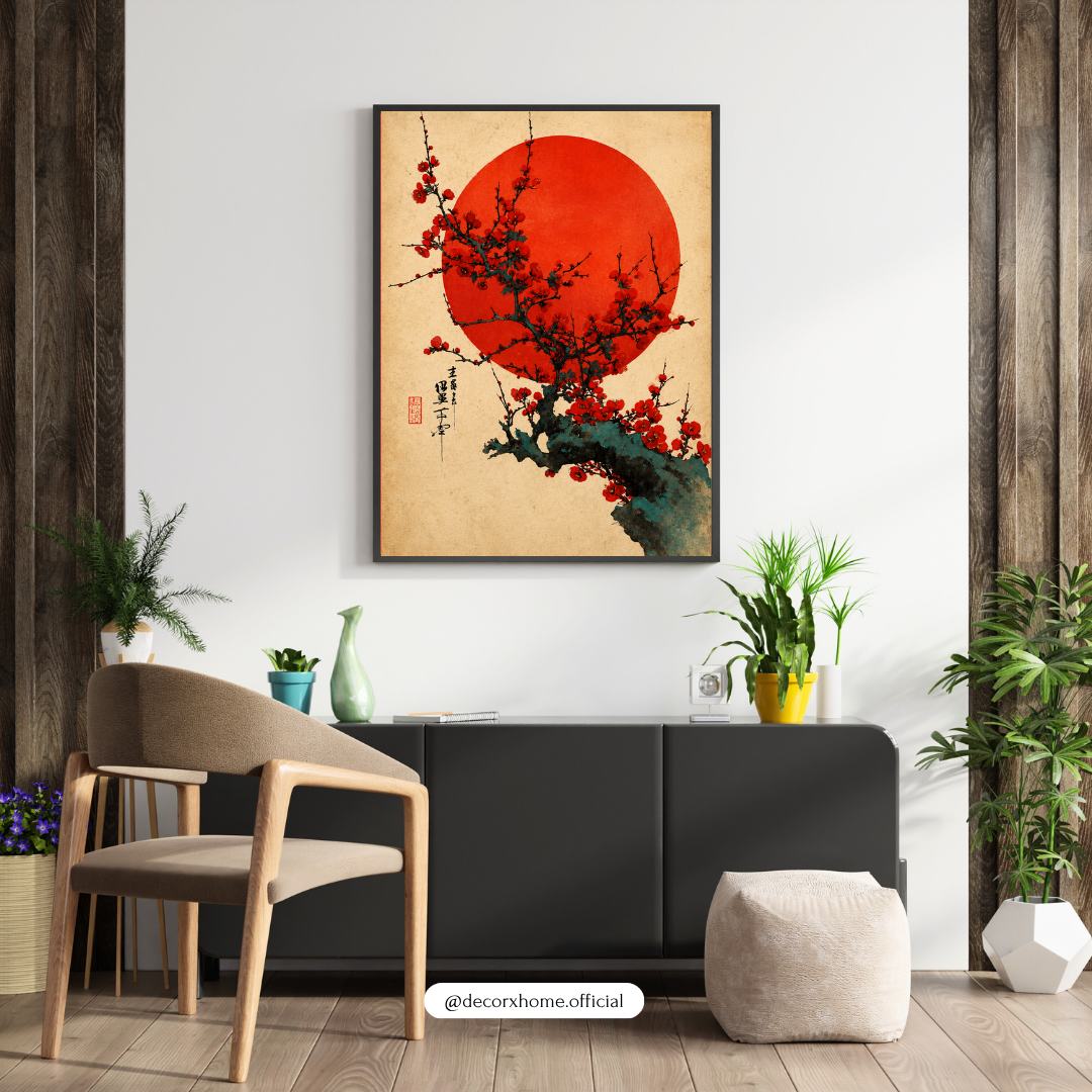 Japanese Cherry Blossom & Rising Sun Wall Art Poster | Traditional Sakura Zen Decor