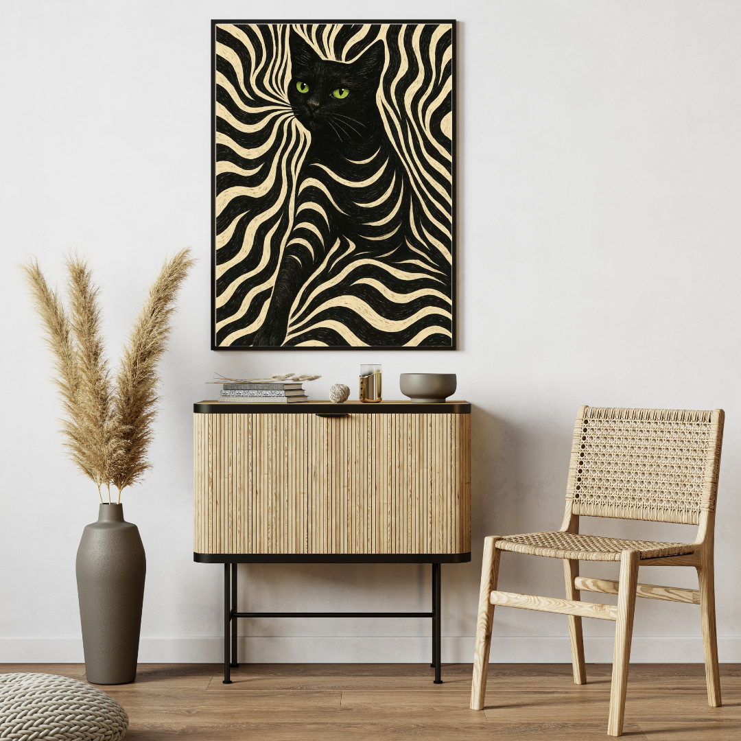 Abstract Black Cat Wall Art – Framed Animal Print for Modern Home Decor
