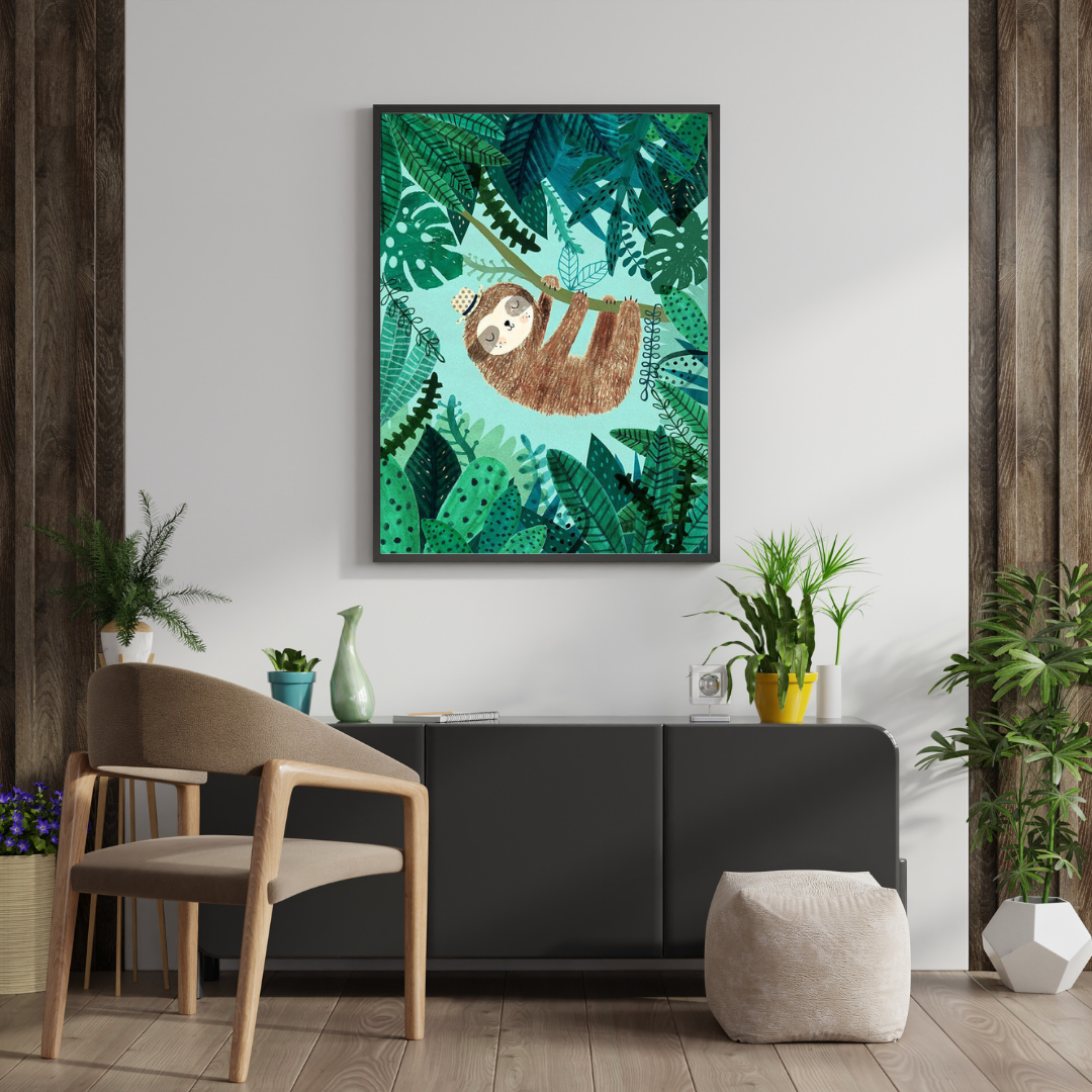 Sleepy Sloth in the Jungle Framed Poster | Whimsical Kids Wall Art by Decorxhome
