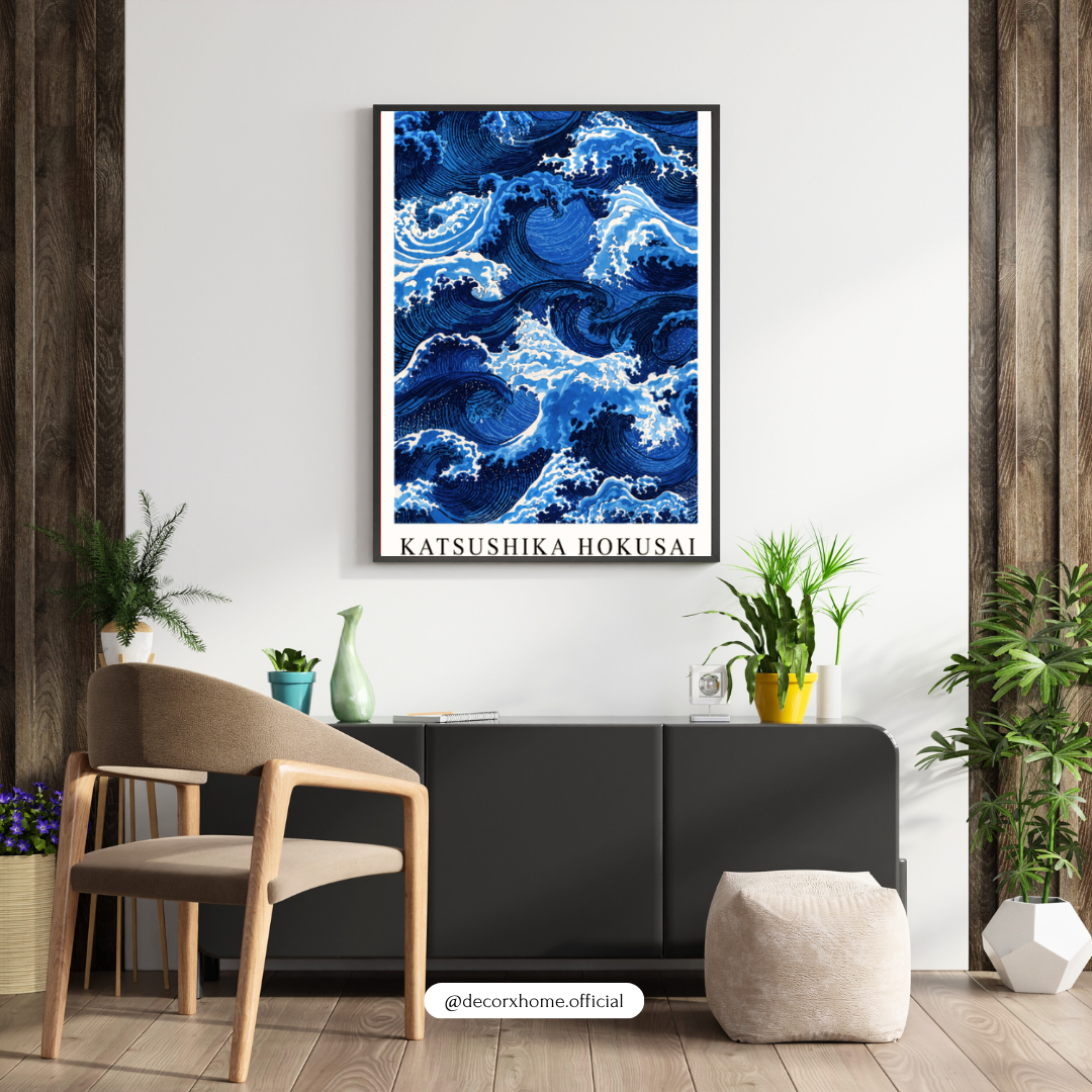 Japanese Ocean Waves Wall Art Poster | Hokusai-Inspired Coastal Blue Decor