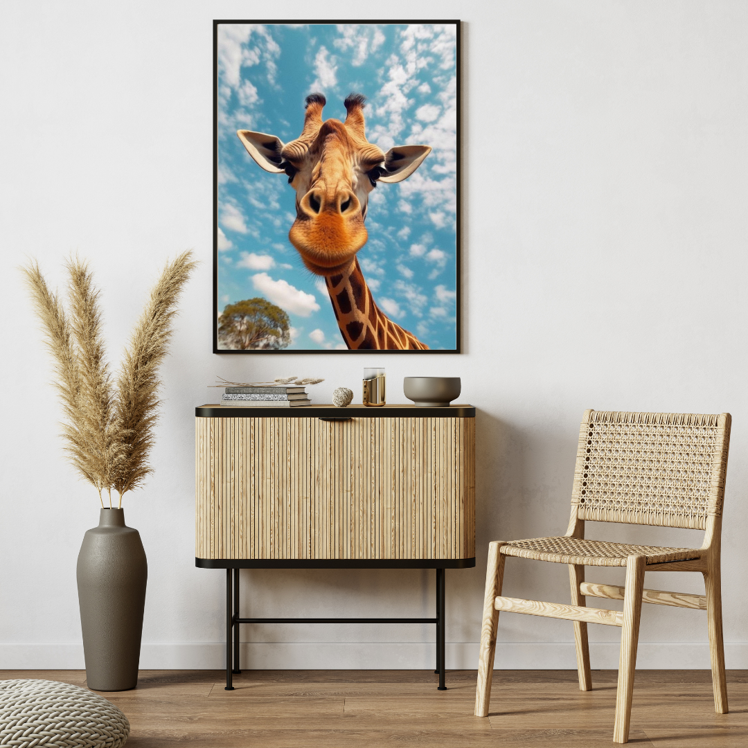 Playful Giraffe Wall Art – Framed Animal Print for Home & Office Decor