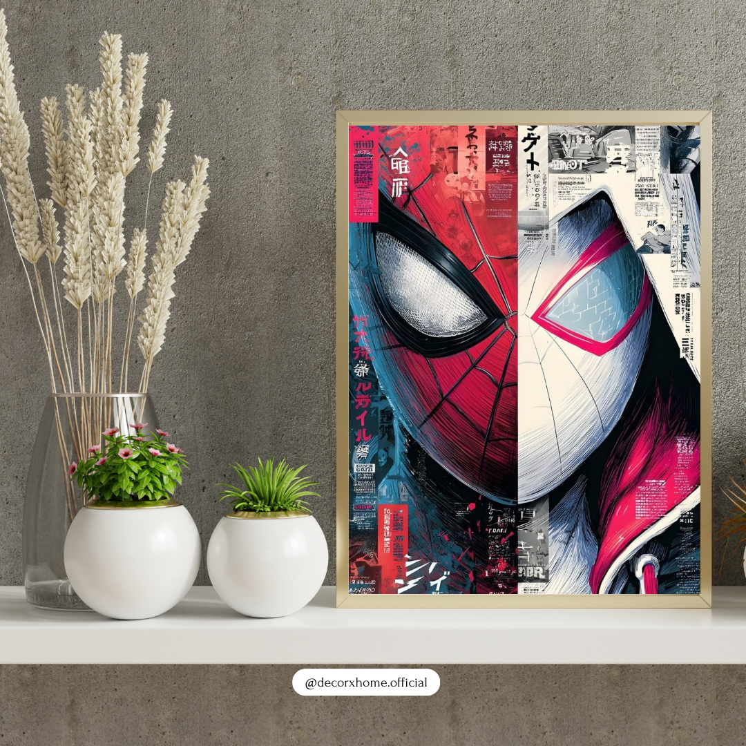Spiderman & Spider Gwen Dual Masked Hero Art Poster – Vibrant Split Comic-Style Wall Decor