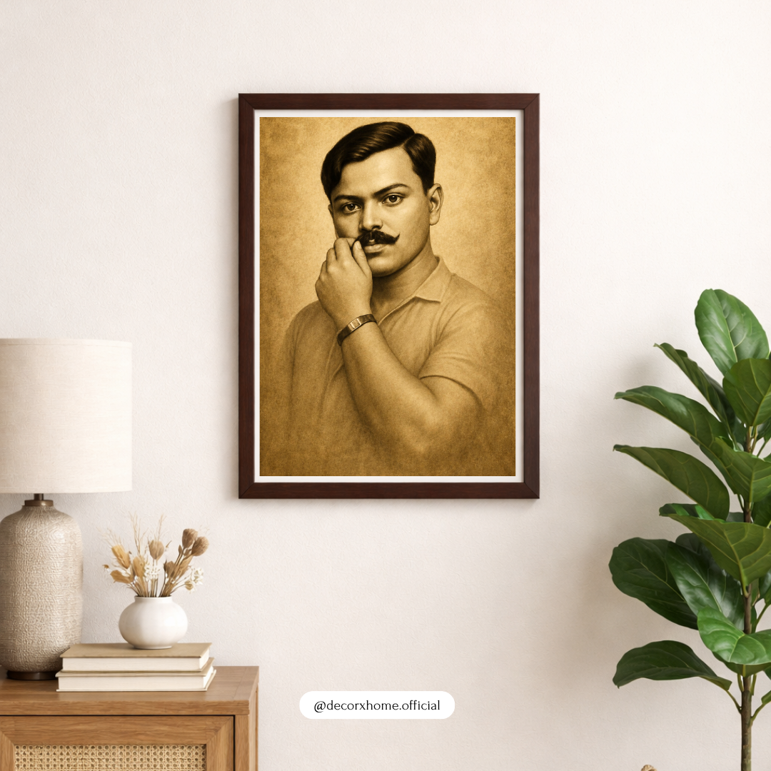 Bhagat Singh Portrait Wall Art | Indian Freedom Fighter Vintage Framed Poster