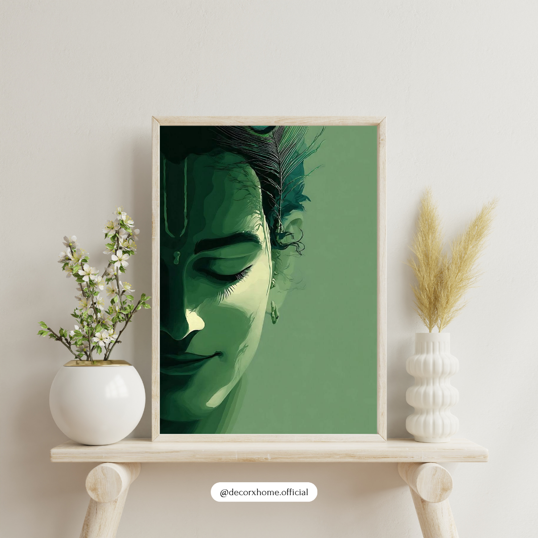 Serene Krishna Minimal Wall Art Poster – Spiritual Green Aesthetic Painting | Decorxhome