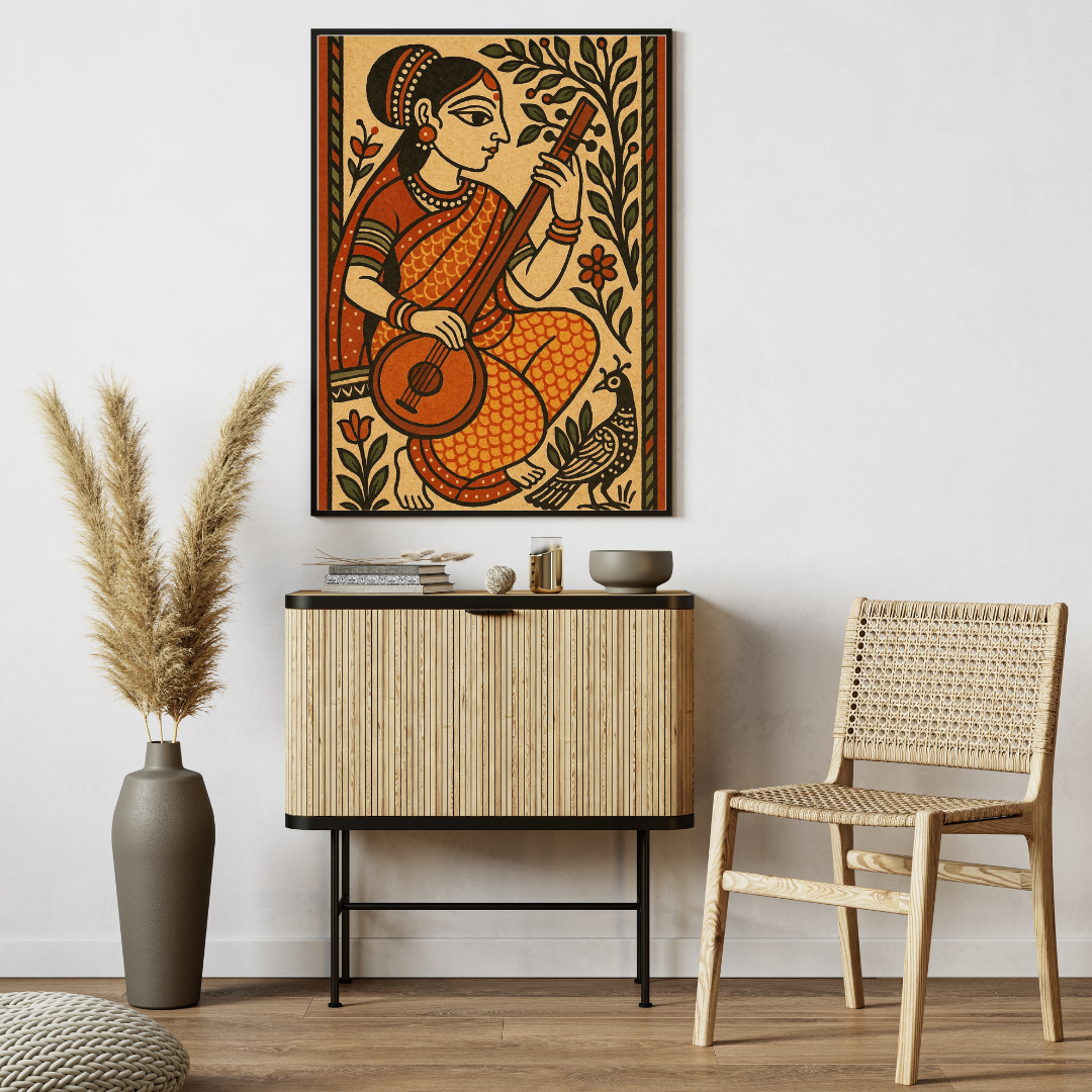 Traditional Indian Woman with Veena – Cultural Folk Art Poster 🎶✨