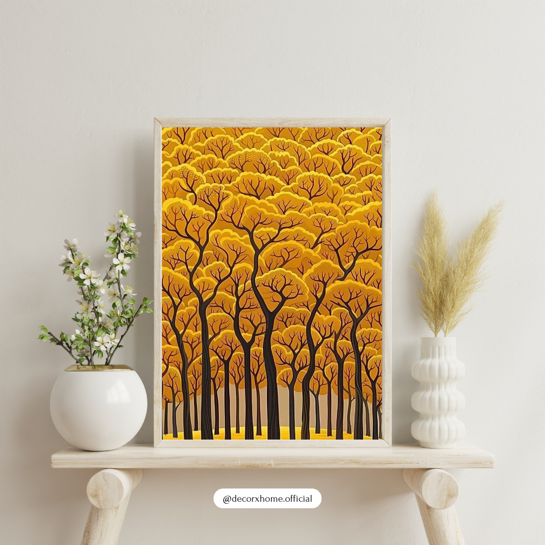Golden Autumn Forest Wall Art Poster – Modern Nature Landscape Illustration | Decorxhome