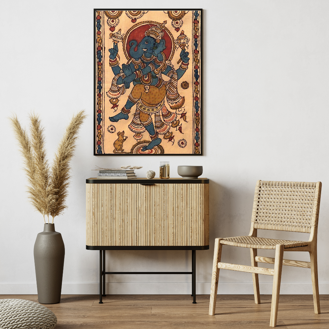 Lord Ganesha Dancing Poster – Traditional Indian Kalamkari Folk Art 🎨🕉️