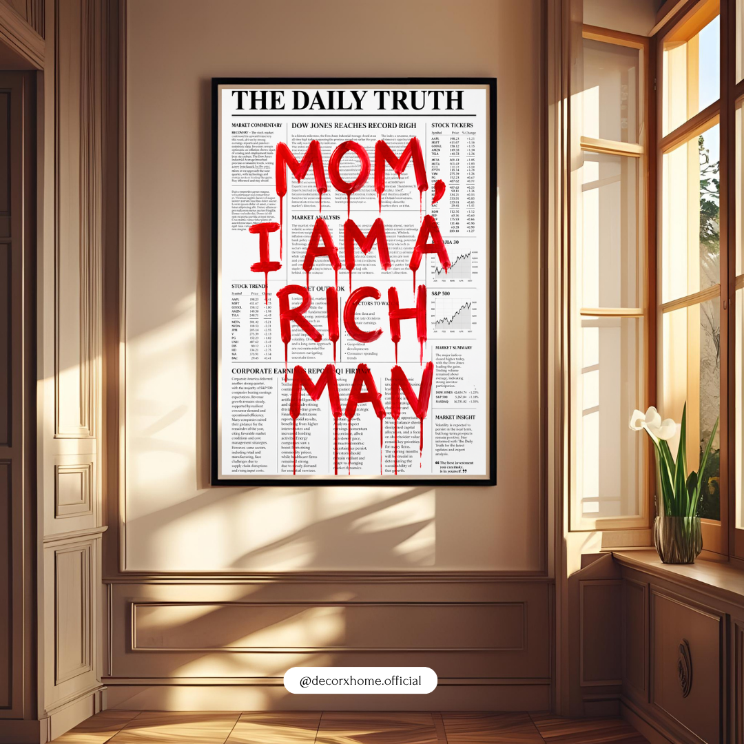 "Mom, I Am Rich Man" Newspaper Poster | Bold Typography Wall Art | Modern Statement Decor by DecorxHome