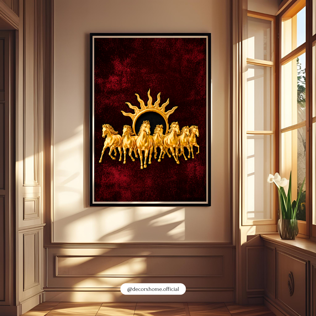 Seven Horses & Rising Sun Poster | Vastu Prosperity Wall Art by DecorxHome