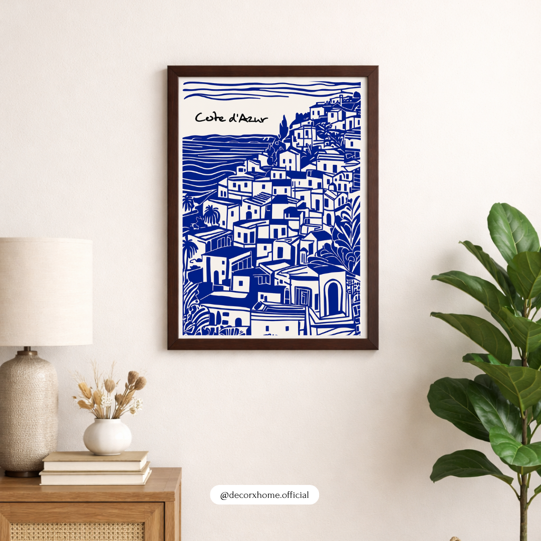 DecorexHome Côte d’Azur Coastal Village Poster | Blue & White Mediterranean Wall Art | Minimal European Travel Artwork | Modern Aesthetic Print