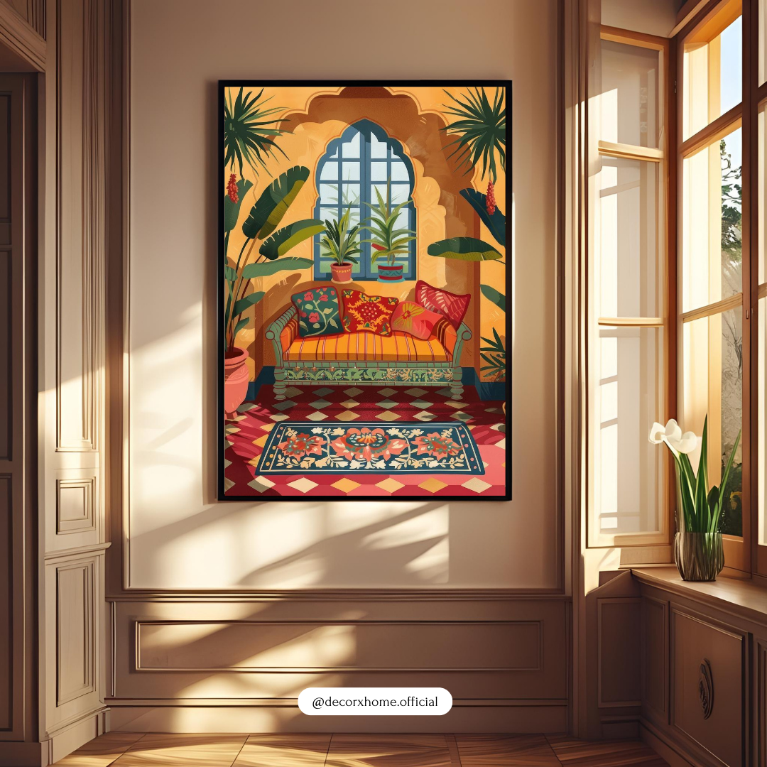 Boho Sunset Lounge Poster – Vibrant Cozy Interior Art Wall Decor