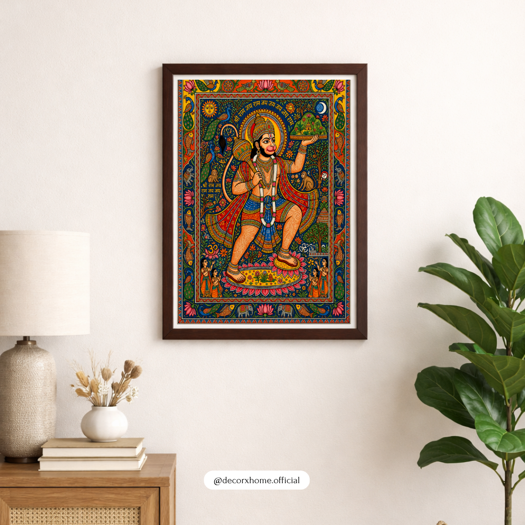 Lord Hanuman Madhubani Art Poster | Traditional Indian Spiritual Wall Decor | Decorexhome