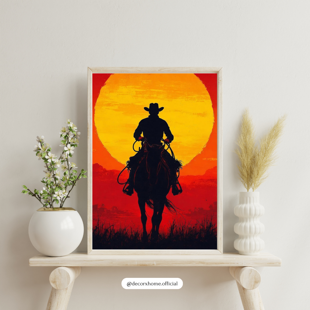 Lone Rider at Sunset – Western Silhouette Wall Poster by Decorxhome