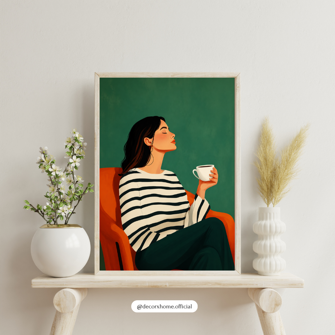 Morning Coffee Bliss – Modern Minimal Woman Portrait Wall Art Poster | DecorxHome