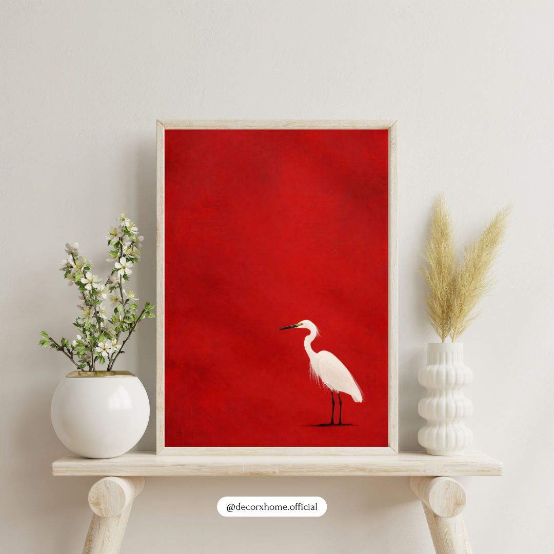 Minimalist White Heron Wall Art Poster – Bold Red Background Modern Bird Illustration | Decorxhome