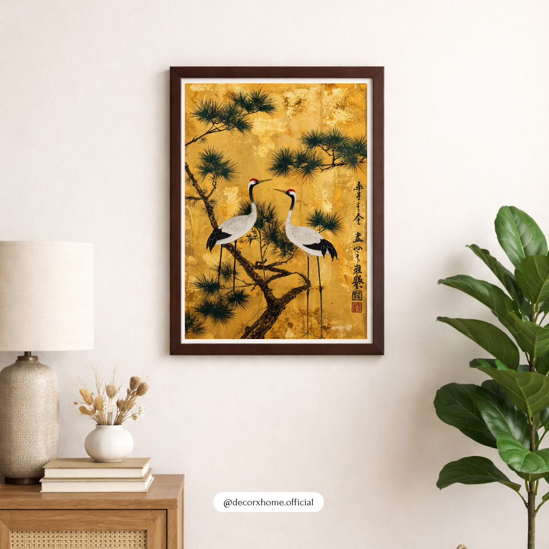 Japanese Cranes & Pine Tree Gold Wall Art – Elegant Japandi Nature Poster | Decorxhome