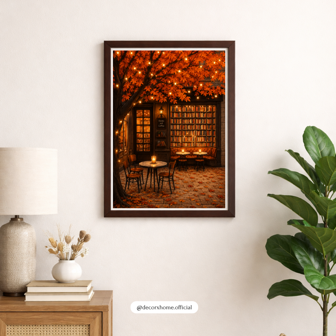 Autumn Book Café Poster – Cozy Literary Retreat Wall Art
