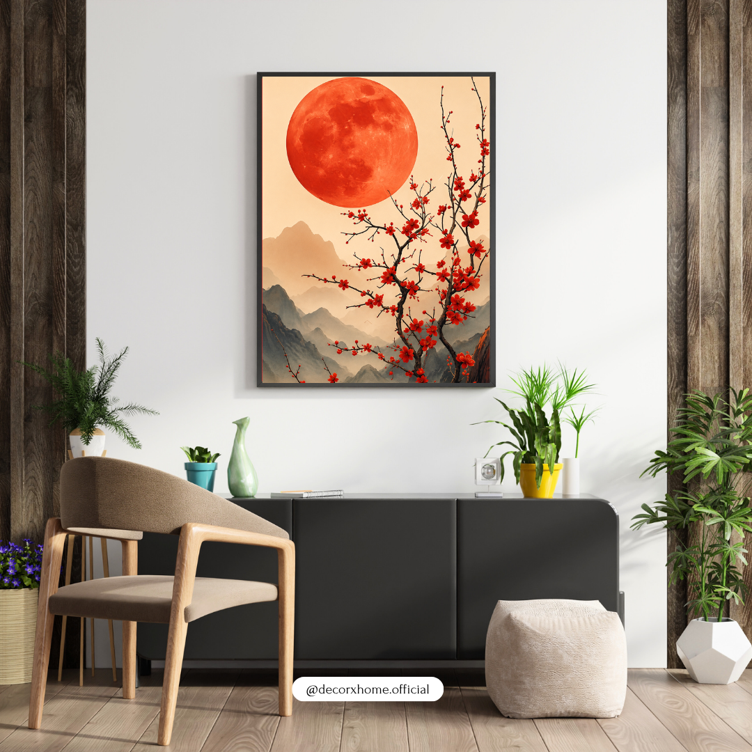 Red Moon Sakura Landscape Wall Art Poster | Japanese Zen Nature Decor