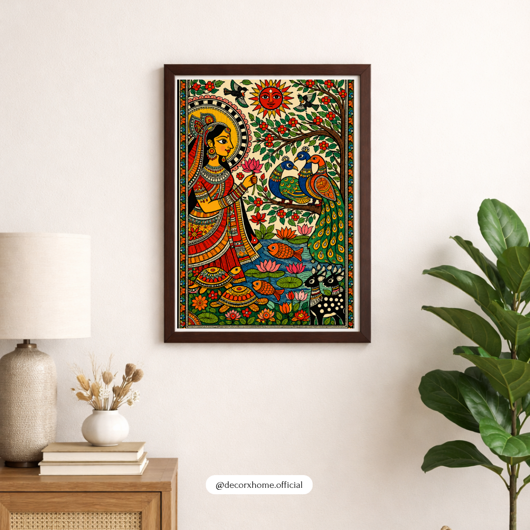 Decorxhome Traditional Madhubani Folk Art Poster | Indian Heritage Wall Art | Peacock & Lotus Artwork | Colorful Cultural Canvas Print