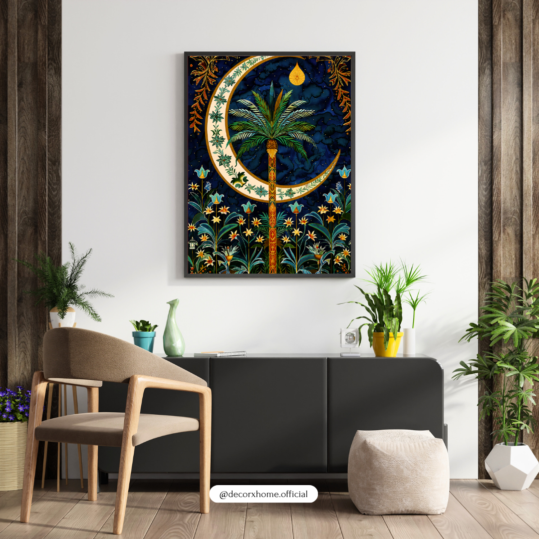 Decorexhome Moonlit Palm Oasis Wall Art Poster | Boho Tropical Crescent Moon Canvas Print | Celestial Botanical Home Decor