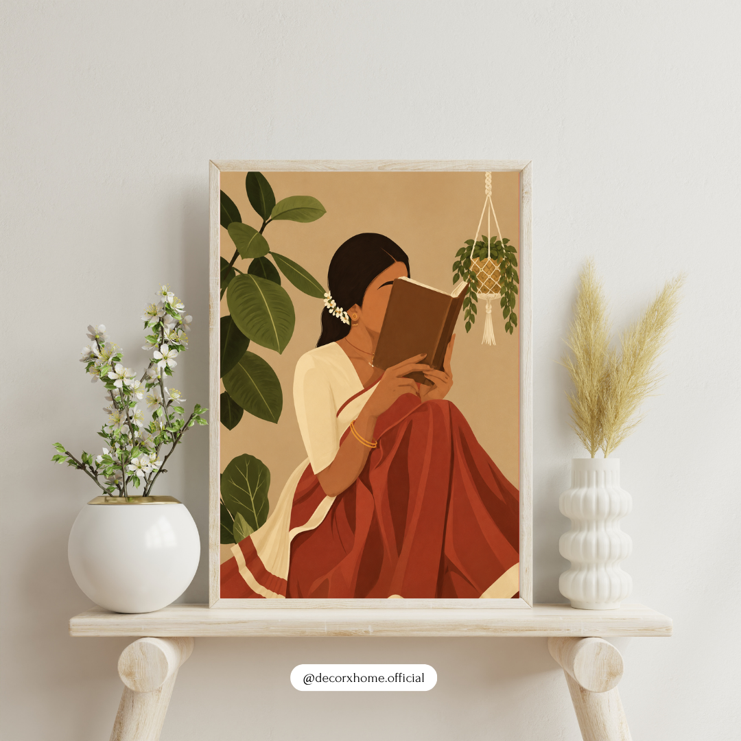 Serene Reader in Saree – Cozy Indian Aesthetic Wall Art Poster | DecorxHome