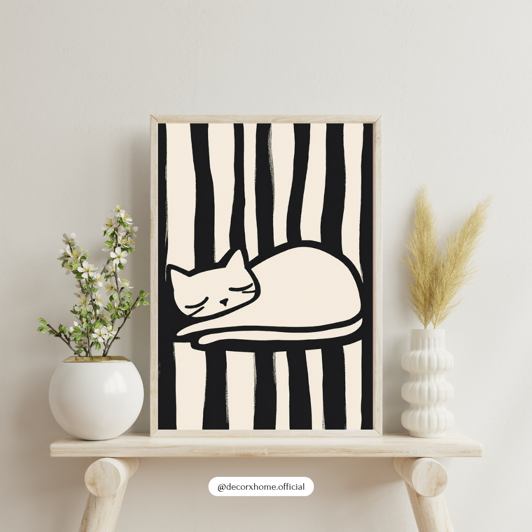 Minimal Sleeping Cat Wall Art Poster – Black & White Abstract Line Art Print | Cute Aesthetic Pet Decor for Bedroom & Living Room | Decorxhome