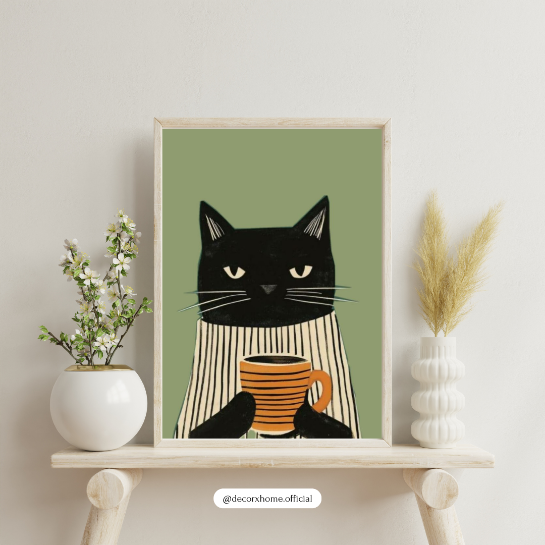 Coffee Lover Cat – Cute Minimal Illustration Wall Poster by Decorxhome