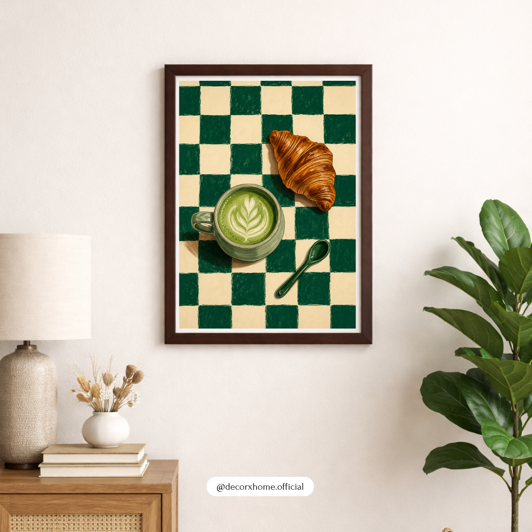 Green Checkerboard Matcha & Croissant Wall Art