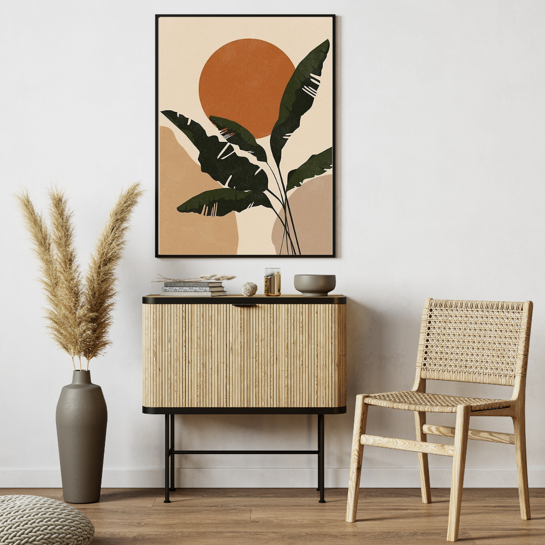 Boho Botanical Sun Wall Art with Frame – Minimalist Nature-Inspired Decor for Home & Office