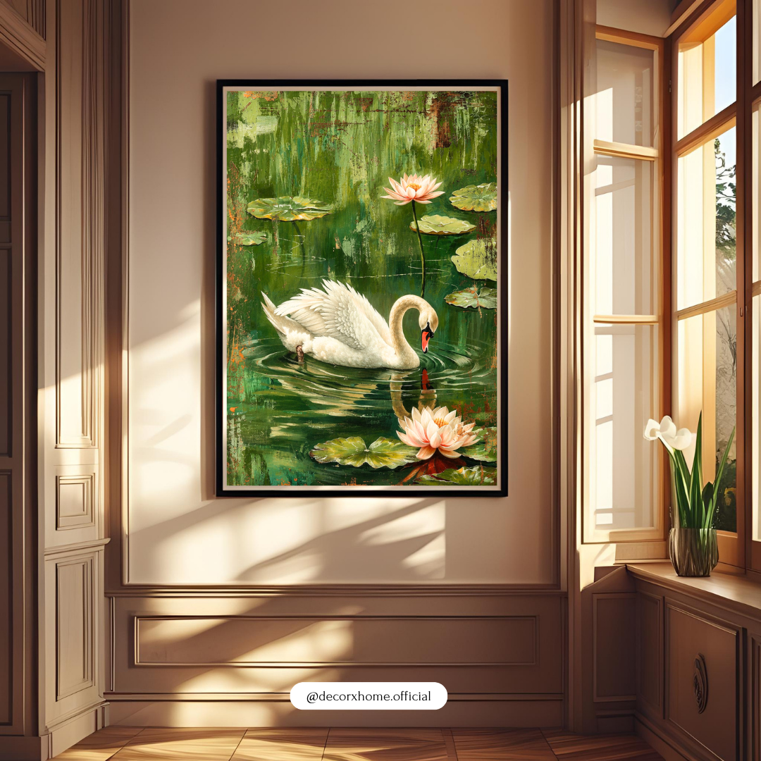 Elegant Swan & Lotus Pond Poster | Serene Nature Wall Art by DecorxHome