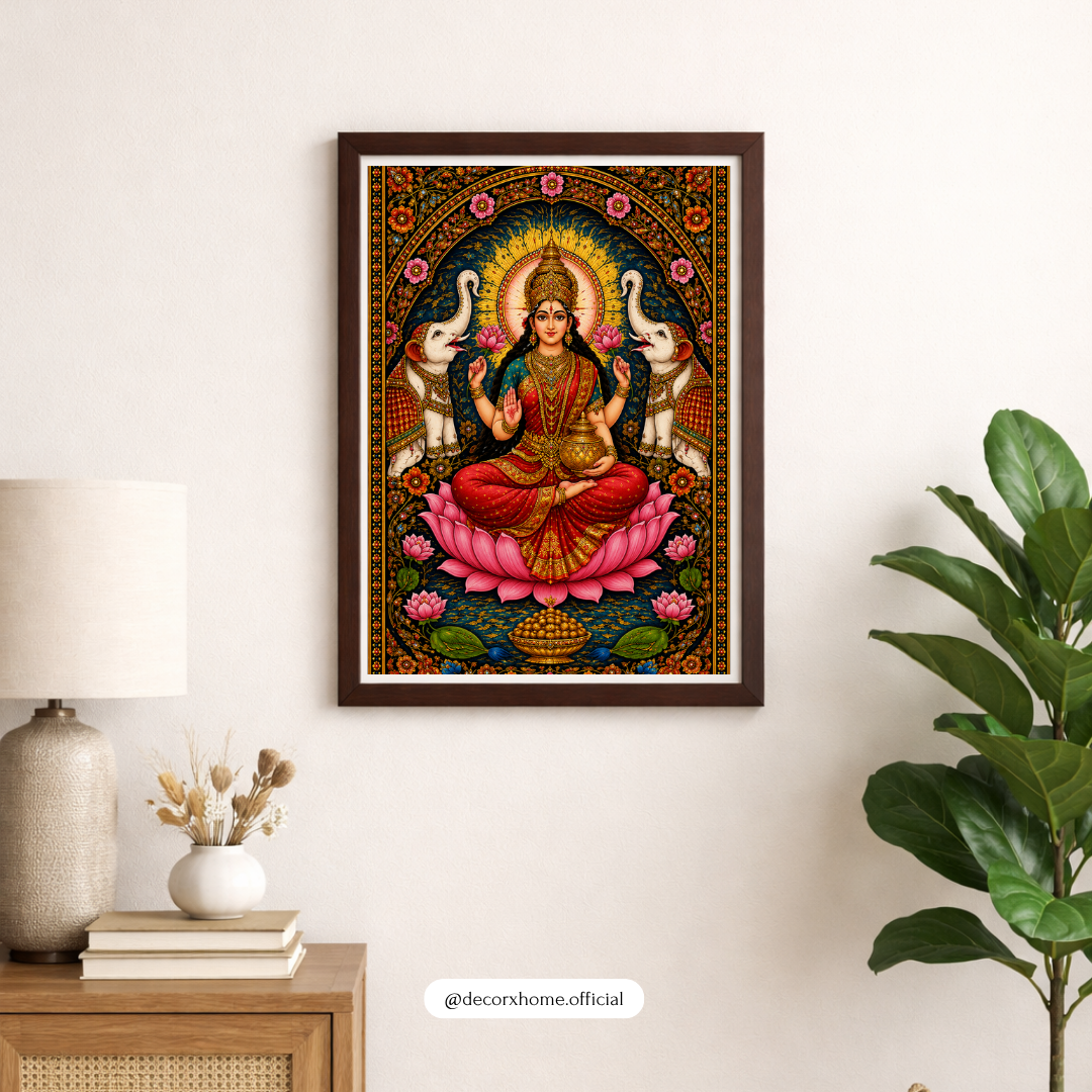 Goddess Lakshmi with Elephants Poster | Traditional Indian Goddess Wall Art | Lakshmi Devi Spiritual Decor | Decorexhome  Product Des