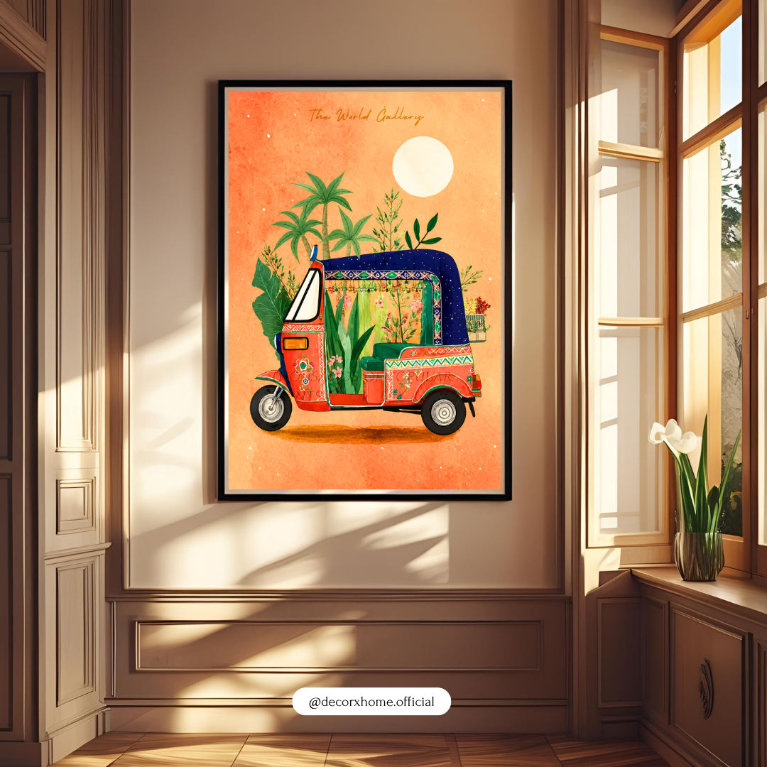 Bohemian Floral Auto Rickshaw Poster | Vibrant Travel & Tropical Wall Art by DecorxHome