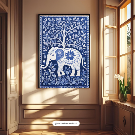 Royal Blue Elephant Wall Art – Traditional Indian Folk Style Poster